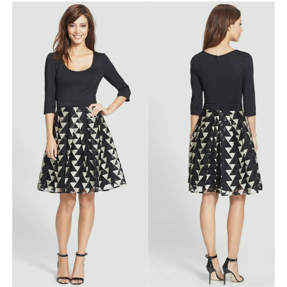 Plenty by Tracy Reese Black Geometric Fit & Flare Eliza Dress Womens 4 NWT Gold - Picture 1 of 12